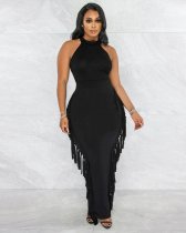 Solid Sleeveless  Tassel Maxi Skirt Slim 2 Piece Sets BDF-7015