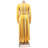 Plus Size Striped Long Sleeve Maxi Skirt 2 Piece Sets OSIF-22428