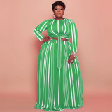 Plus Size Striped Long Sleeve Maxi Skirt 2 Piece Sets OSIF-22428