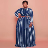 Plus Size Striped Long Sleeve Maxi Skirt 2 Piece Sets OSIF-22428