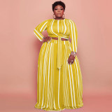 Plus Size Striped Long Sleeve Maxi Skirt 2 Piece Sets OSIF-22428