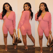 Solid V Neck Backless Ruched Sleeve Tight Romper BN-B835