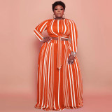 Plus Size Striped Long Sleeve Maxi Skirt 2 Piece Sets OSIF-22428