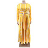 Plus Size Striped Long Sleeve Maxi Skirt 2 Piece Sets OSIF-22428