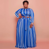 Plus Size Striped Long Sleeve Maxi Skirt 2 Piece Sets OSIF-22428