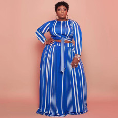 Plus Size Striped Long Sleeve Maxi Skirt 2 Piece Sets OSIF-22428