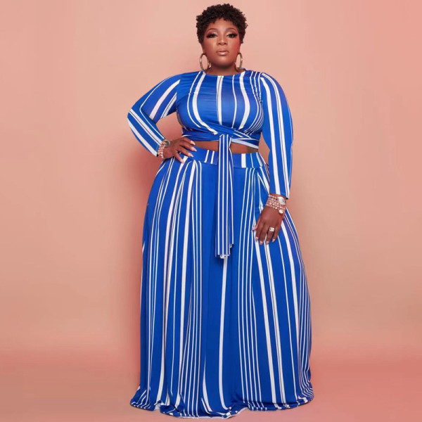 Plus Size Striped Long Sleeve Maxi Skirt 2 Piece Sets OSIF-22428