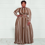 Plus Size Striped Long Sleeve Maxi Skirt 2 Piece Sets OSIF-22428