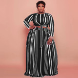 Plus Size Striped Long Sleeve Maxi Skirt 2 Piece Sets OSIF-22428