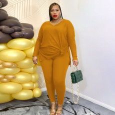 Plus Size Solid V Neck Long Sleeve 2 Piece Pants Sets OSIF-22505