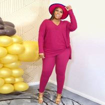 Plus Size Solid V Neck Long Sleeve 2 Piece Pants Sets OSIF-22505
