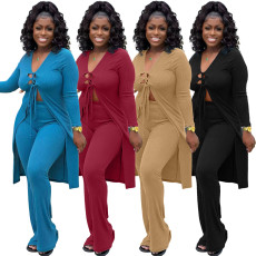 Plus Size Solid Long Sleeve Coat+Pants 2 Piece Sets NYF-8119