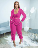 Plus Size Solid Long Sleeve Slim 2 Piece Pants Sets PHF-13302