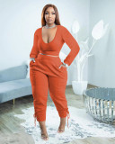 Plus Size Solid Long Sleeve Slim 2 Piece Pants Sets PHF-13302