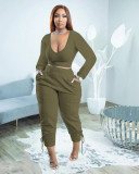Plus Size Solid Long Sleeve Slim 2 Piece Pants Sets PHF-13302