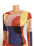 Fashion Sexy Mesh Print Long Sleeve Midi Dress GOSD-OS6084