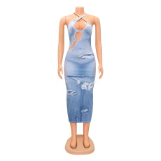 Fashion Slim Print Hollow Sling Maxi Dress GOSD-OS6657