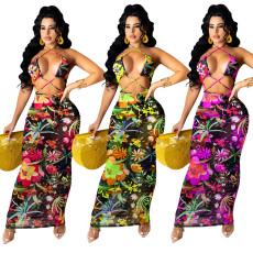 Sexy Print Lace-up Hollow Mesh Maxi Dress GOSD-OS6040