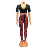 Solid Crop Top Print Pants Two Piece Set GOSD-OS6232