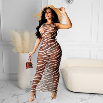 Fashion Sexy Print Mesh See-Through Sleeveless Maxi Dress GOSD-OS6169