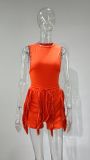 Plus Size Solid Sleeveless Tassel Shorts 2 Piece Sets MUE-7488