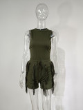Plus Size Solid Sleeveless Tassel Shorts 2 Piece Sets MUE-7488