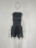 Plus Size Solid Sleeveless Tassel Shorts 2 Piece Sets MUE-7488