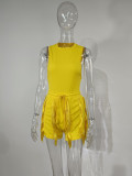 Plus Size Solid Sleeveless Tassel Shorts 2 Piece Sets MUE-7488