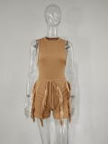 Plus Size Solid Sleeveless Tassel Shorts 2 Piece Sets MUE-7488