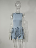 Plus Size Solid Sleeveless Tassel Shorts 2 Piece Sets MUE-7488