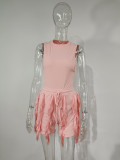 Plus Size Solid Sleeveless Tassel Shorts 2 Piece Sets MUE-7488