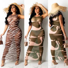 Fashion Sexy Print Mesh See-Through Sleeveless Maxi Dress GOSD-OS6169