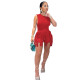 Plus Size Solid Sleeveless Tassel Shorts 2 Piece Sets MUE-7488