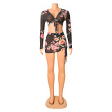 Sexy Mesh Print Long Sleeve Smocked Mini Skirt 2 Piece Set GOSD-OS6116