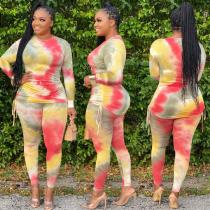 Plus Size Tie Dye Print Drawstring Long Sleeve 2 Piece Sets ME-6028