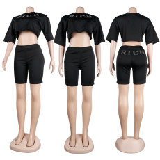 Casual Letter Crop Top And Shorts Two Piece Sets FSXF-344