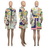 Retro Print Long Sleeve Mini Dress GLF-10111