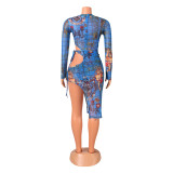 Sexy Mesh Print Long Sleeve Bodysuits And Skirt Two Piece Set GOSD-OS6312