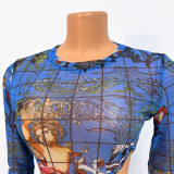 Sexy Mesh Print Long Sleeve Bodysuits And Skirt Two Piece Set GOSD-OS6312