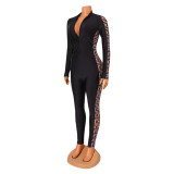 Printed Mesh Splice Long Sleeve Jumpsuit GOSD-OS6375