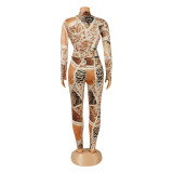 Printed Long Sleeve V-Neck Bodysuit And Pants Two Piece Set GOSD-OS6501
