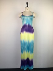 Gradient Print Backless Lace-Up Slit Sexy Dress GWDS-6144