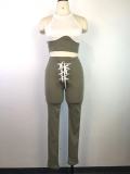 Ribbed Color Block Vest Tie Pencil Pants Two Piece Set GWDS-220502