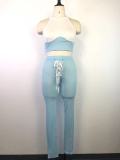 Ribbed Color Block Vest Tie Pencil Pants Two Piece Set GWDS-220502