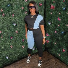Fashion Splice Short Sleeve Two Piece Pants Set GWDS-220801