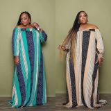 Plus Size Contrast Color Off-Shoulder Print Maxi Dress GWDS-211115