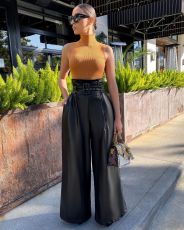 Fashion High Waist PU Leather Wide Leg Pants GWDS-211025
