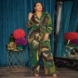 Plus Size Printed V Neck Long Sleeve Sashes Jumpsuit OSIF-22473
