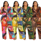 Plus Size Printed V Neck Long Sleeve Sashes Jumpsuit OSIF-22473