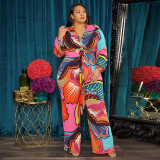 Plus Size Printed V Neck Long Sleeve Sashes Jumpsuit OSIF-22473